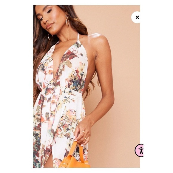 PRETTY LITTLE THING White Floral Print Chiffon Halter Backless Maxi Dress US 12 - Picture 5 of 7